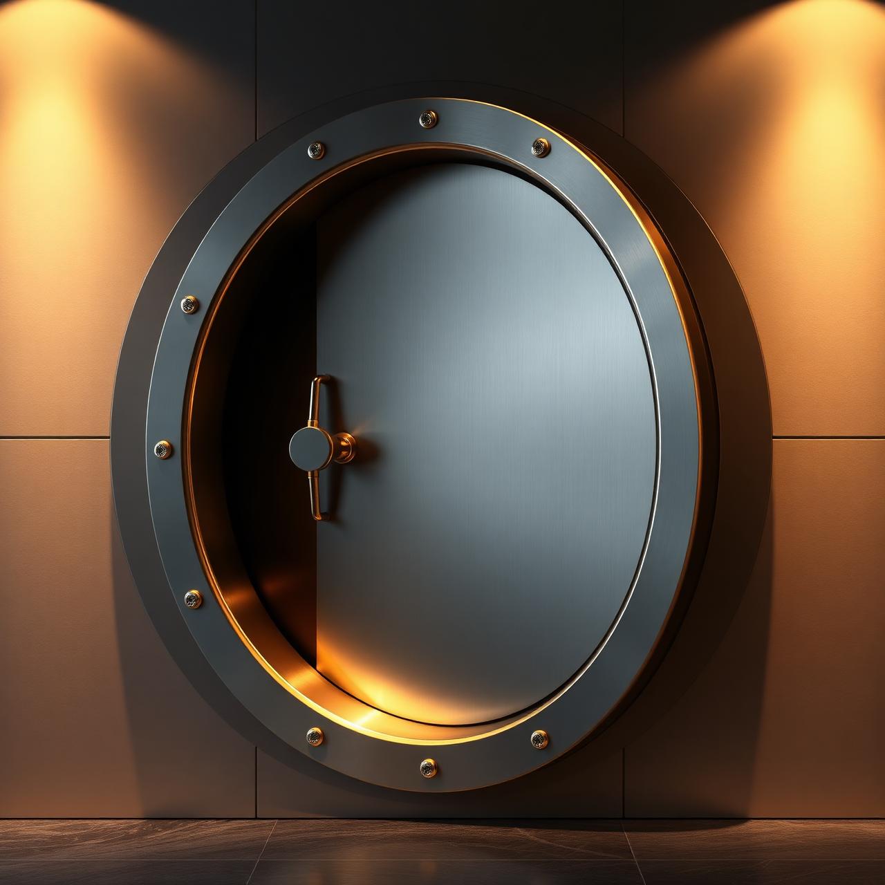 High-security vault door with brushed steel and gold accents